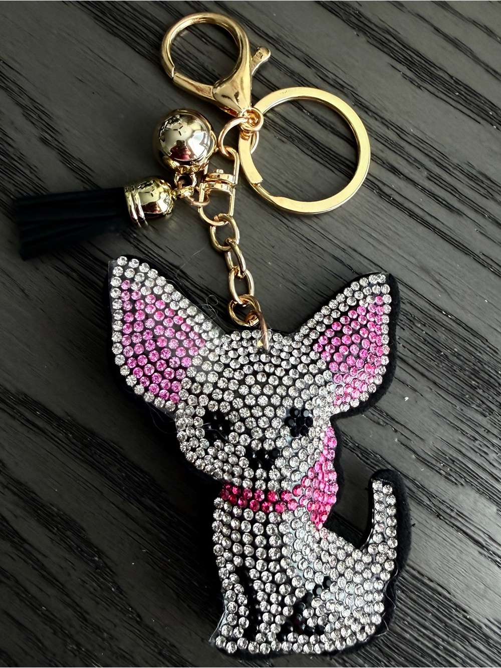 🐾 White & Pink Crystal Rhinestones Chihuahua Dog Keychain Purse Charm w Tassel